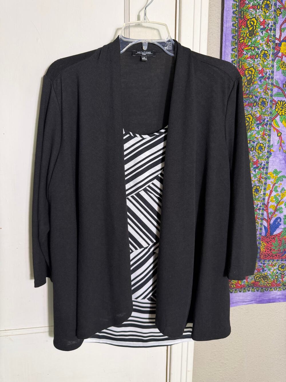 Notations Woman 1X Black White Striped 2 in 1 Layered Cardigan Top Plus